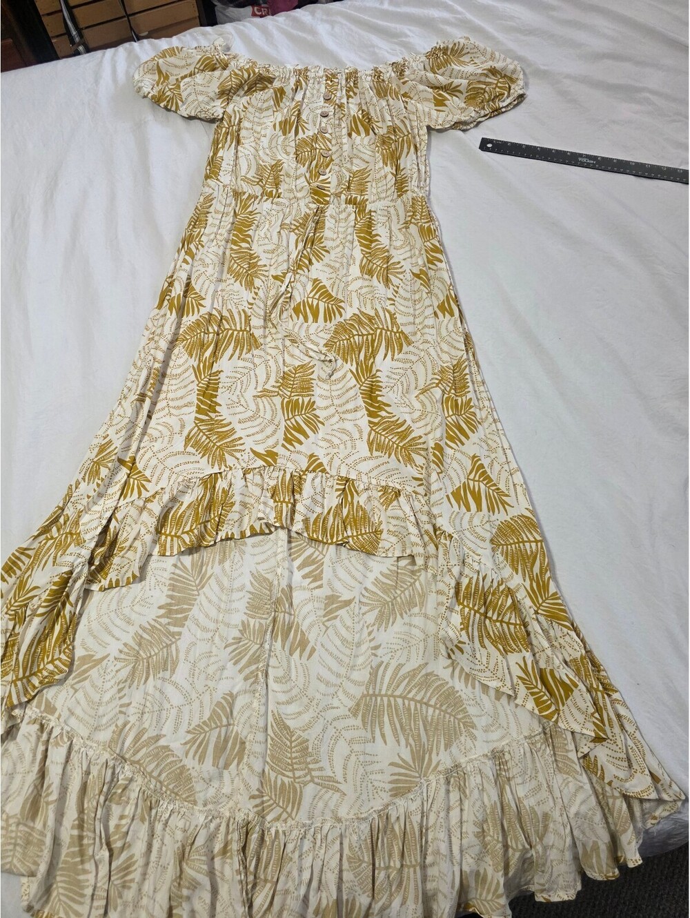 Boho Off-Shoulder Palm Print High-Low Maxi Dress